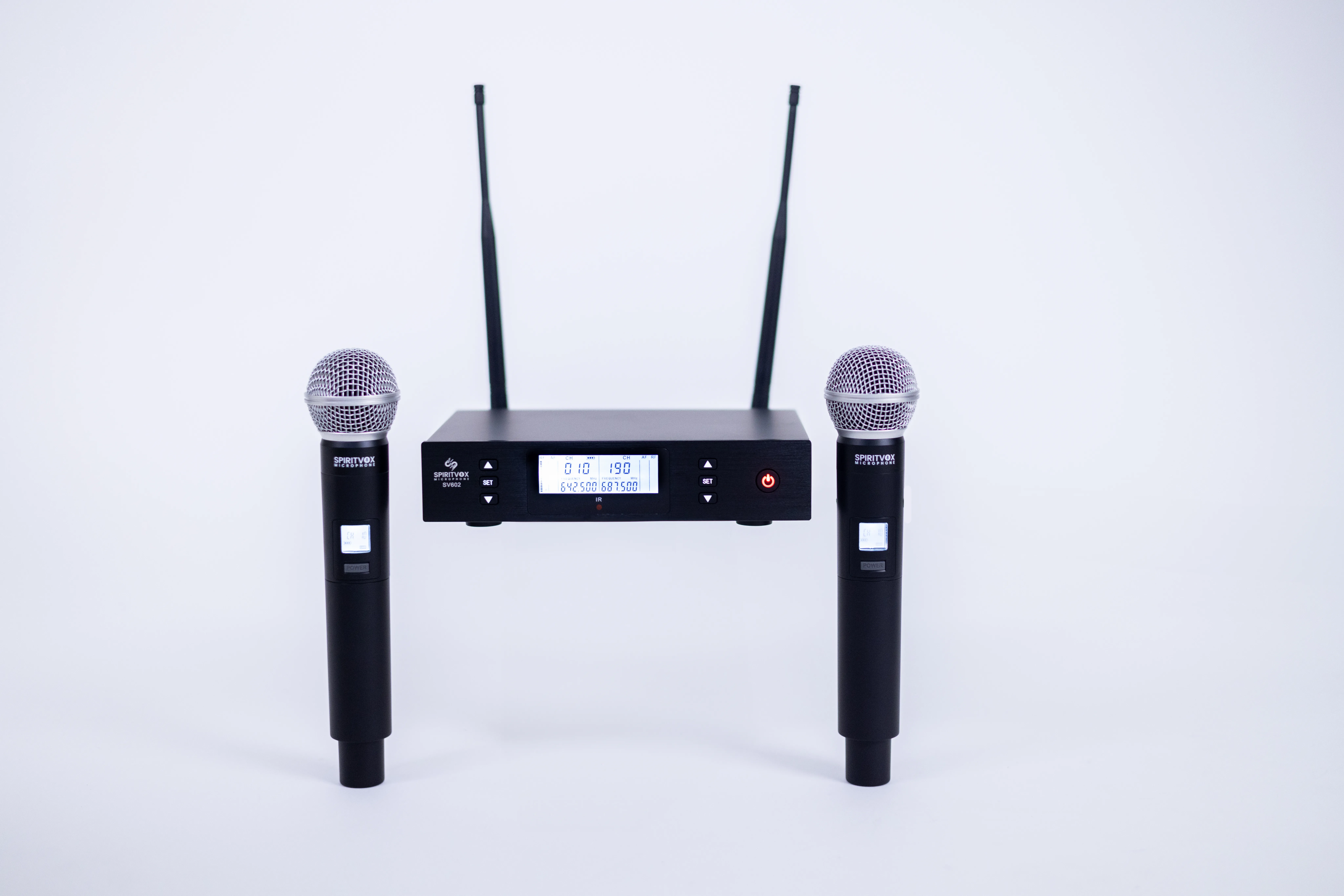 Professional metal receiver unit with LCD display showing frequency and battery indicators