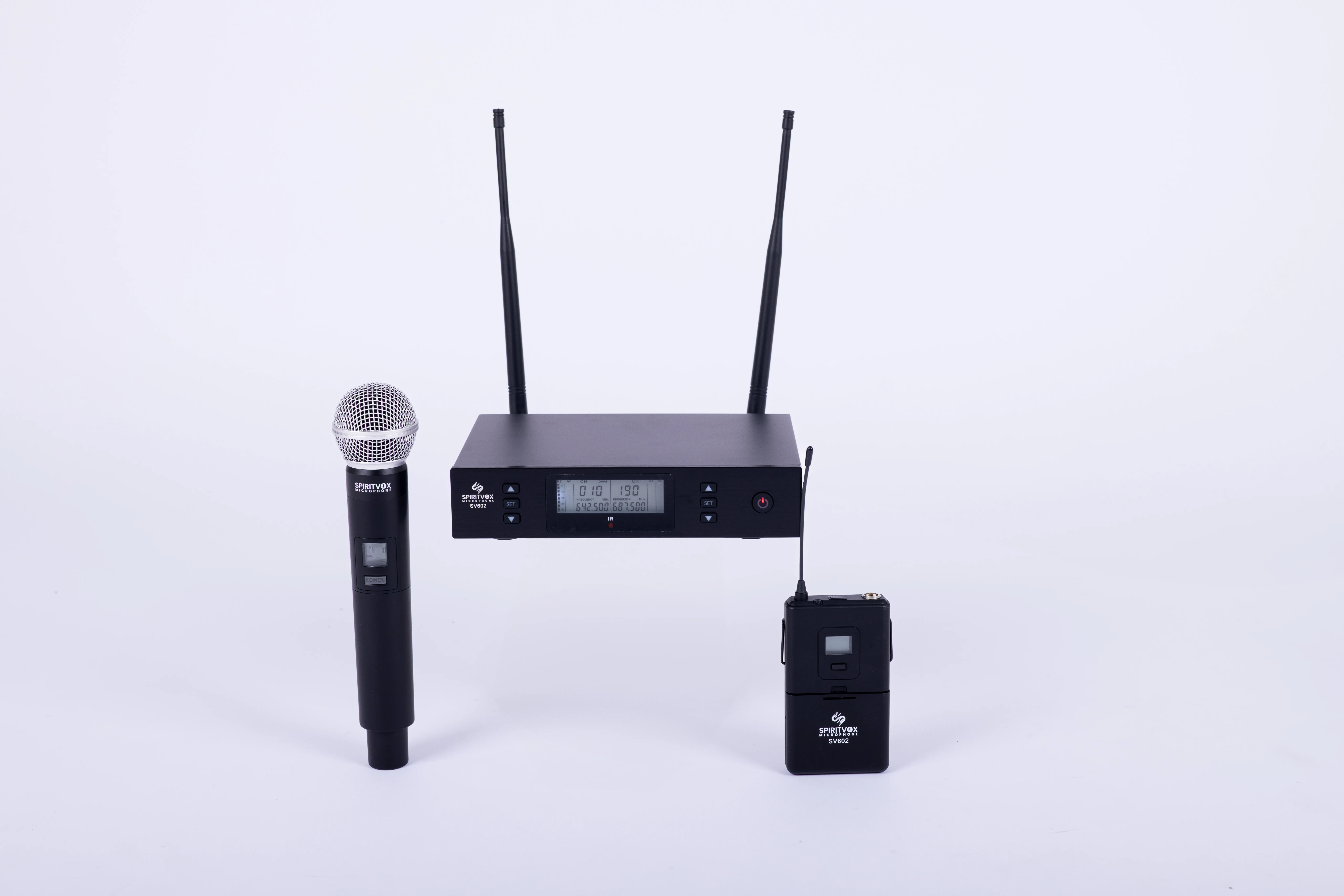 SV-602 system in use with presenter wearing headset microphone and holding handheld mic