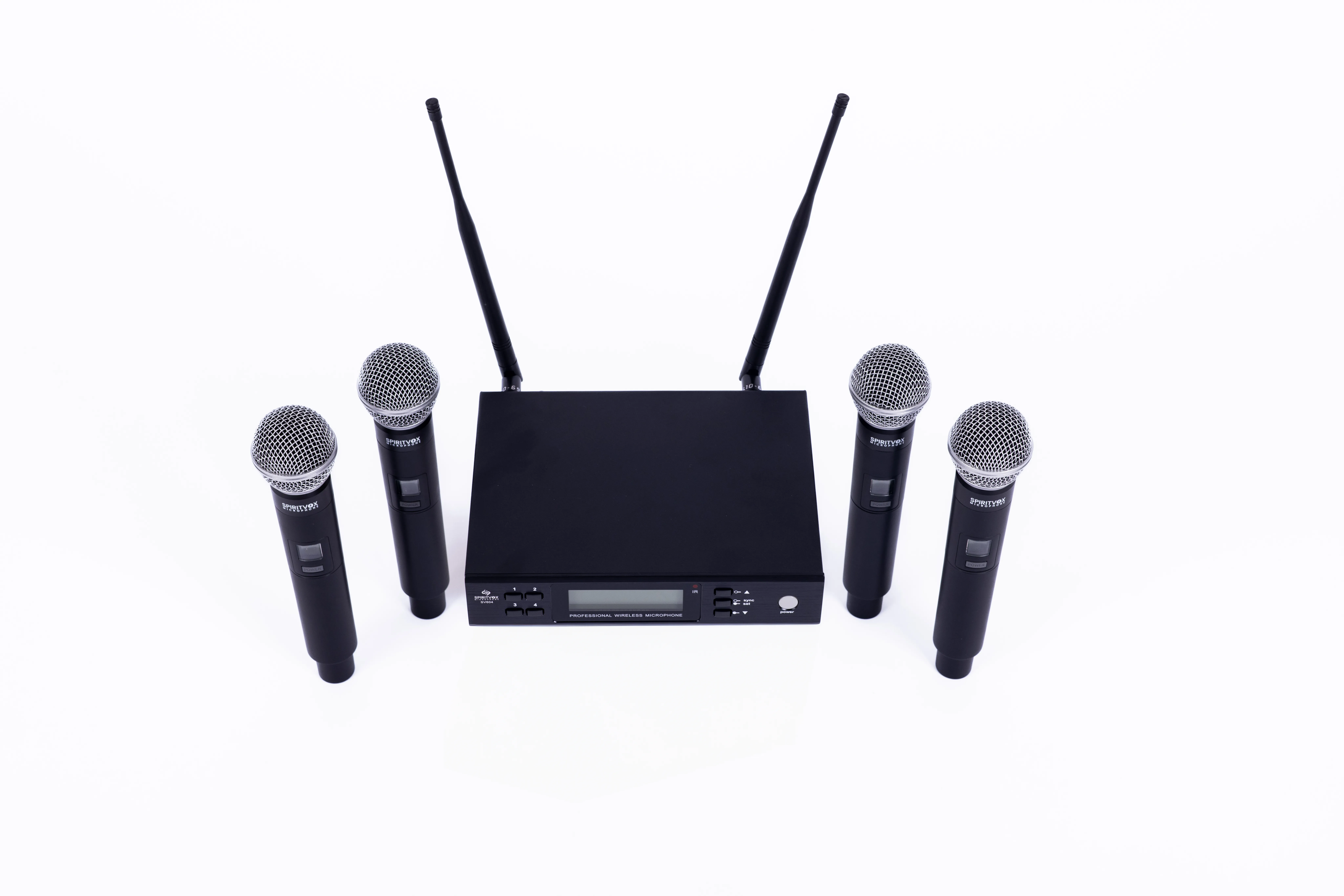 Professional handheld microphone with metal grill and LCD screen