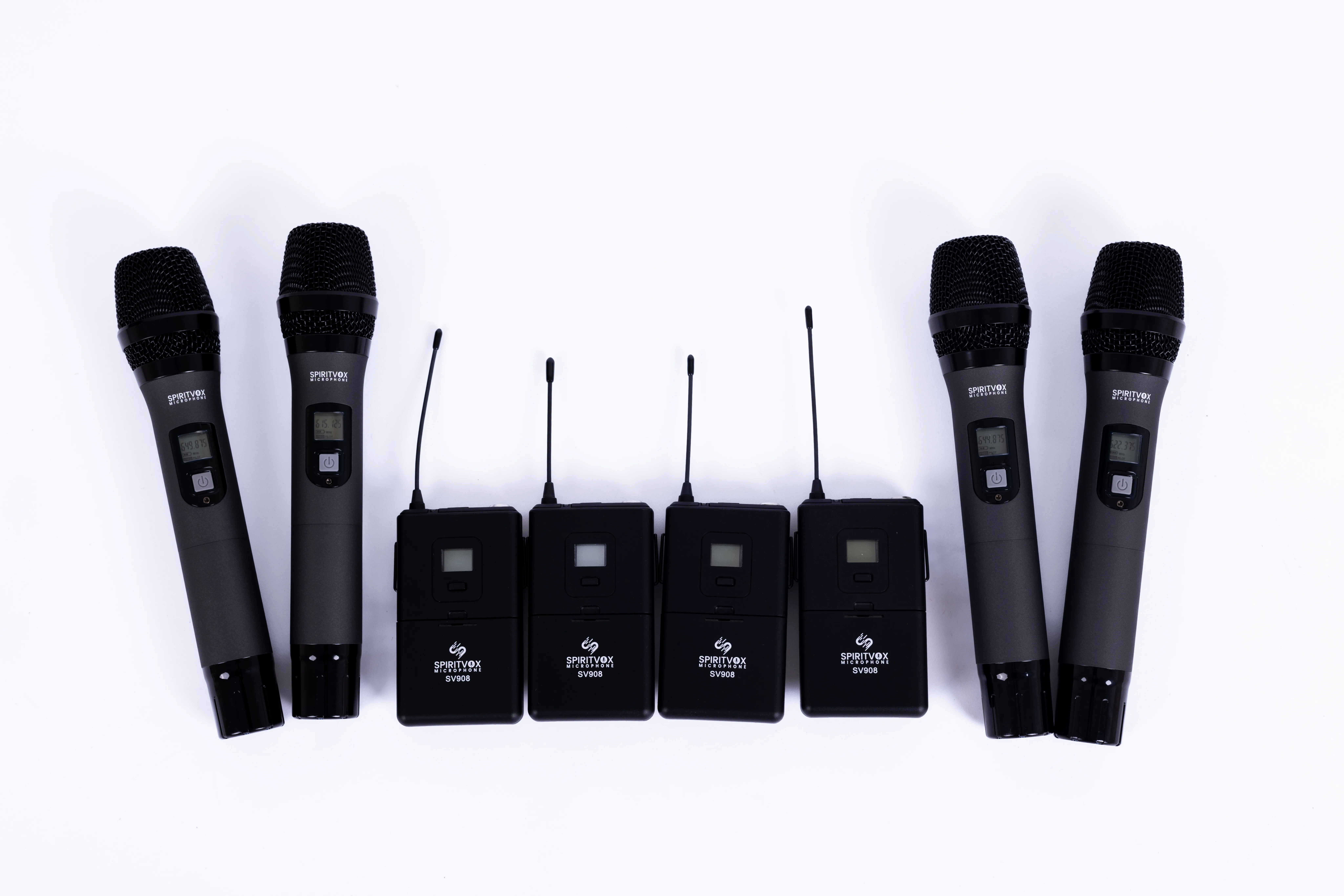 Four over-the-ear headset microphones with flexible booms